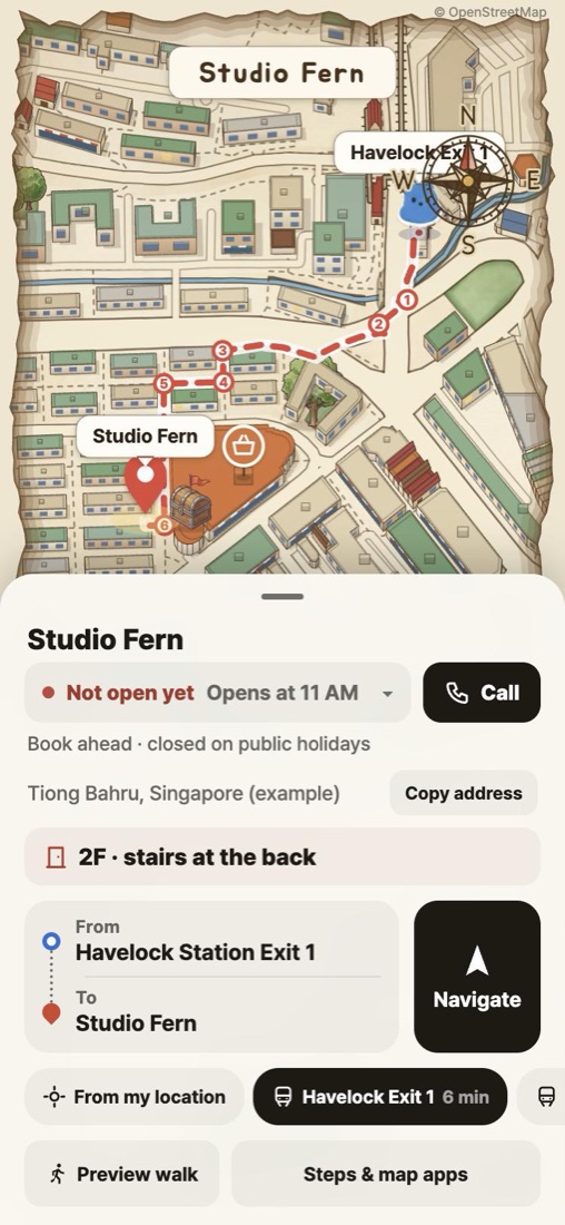 What customers see — an illustrated map from the station exit through the alley to the shop door with numbered turns, opening status and a call button
