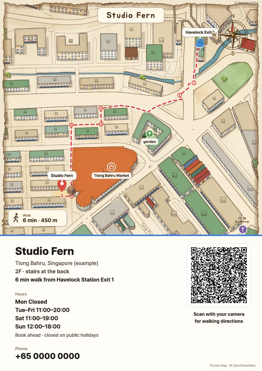 A4 shop sheet — an illustrated map from the station exit to the shop on top, name, entrance, directions, hours, phone and a QR code below