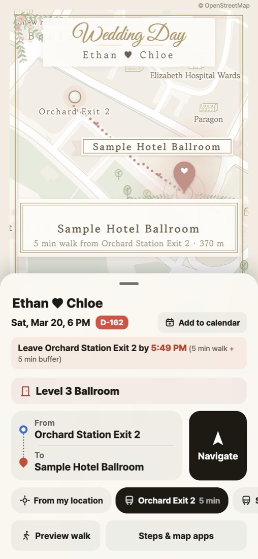 What guests see when they open the link — date, when to leave, floor, and an illustrated map from the station exit to the venue